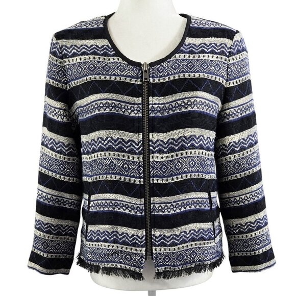 LOFT Black White Blue Siesta Aztec Collarless Cropped Zip Jacket Southwest Boho - Picture 1 of 10